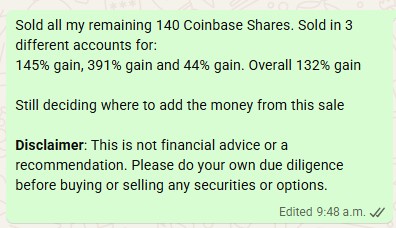 Sold Coinbase 132% gain